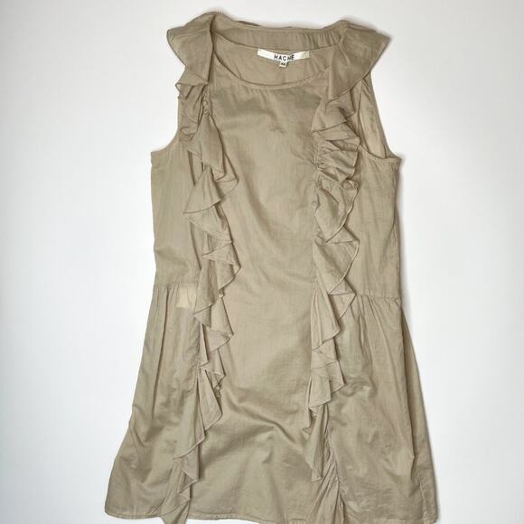 Hache Italy Sleeveless Tan Cotton Mini Ruffle Sheath Dress Large - Picture 5 of 11